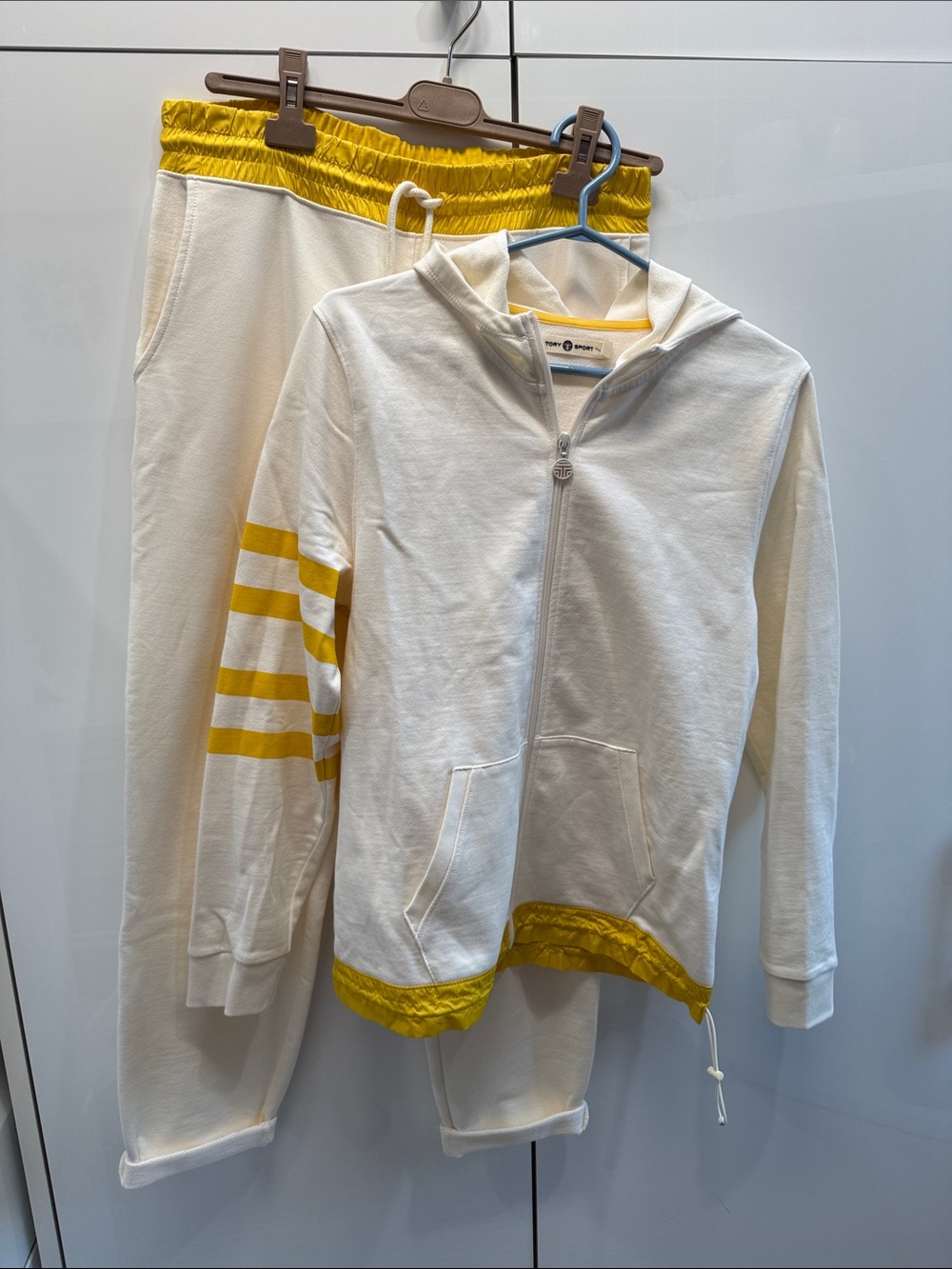 Tory Sport Cream Zip Hoodie and Yellow-Trim Jogger Set